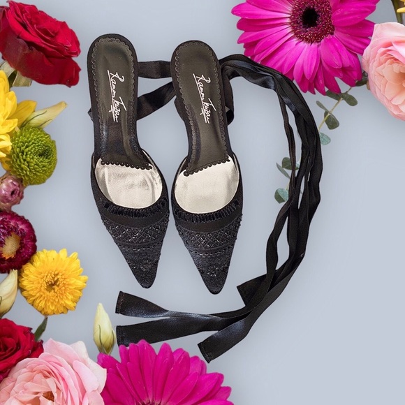 RAMON TENZA BLACK SATIN POINTY TOE KITTEN HEEL SHOE WITH ANKLE RIBBON - Picture 15 of 15